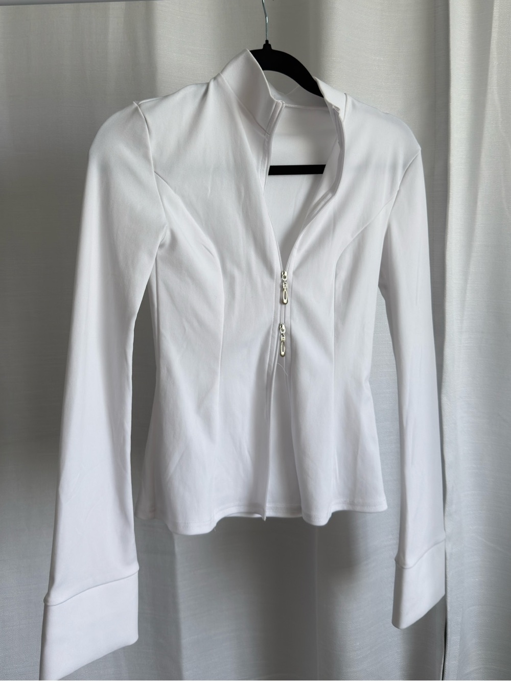 SHEIN White Long-Sleeve Zip-Front Slim Top